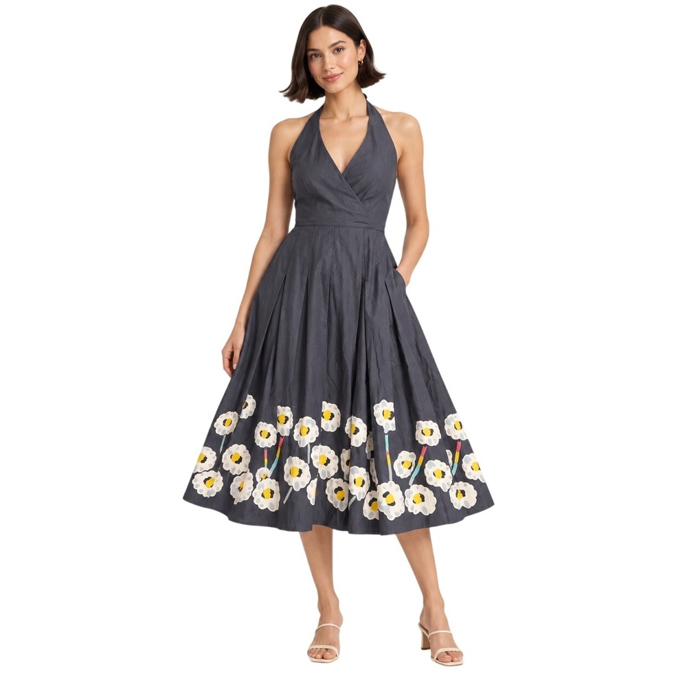 Boden US 8R Retro Floral Border Halter Fit & Flare Cotton Midi Dress Pockets